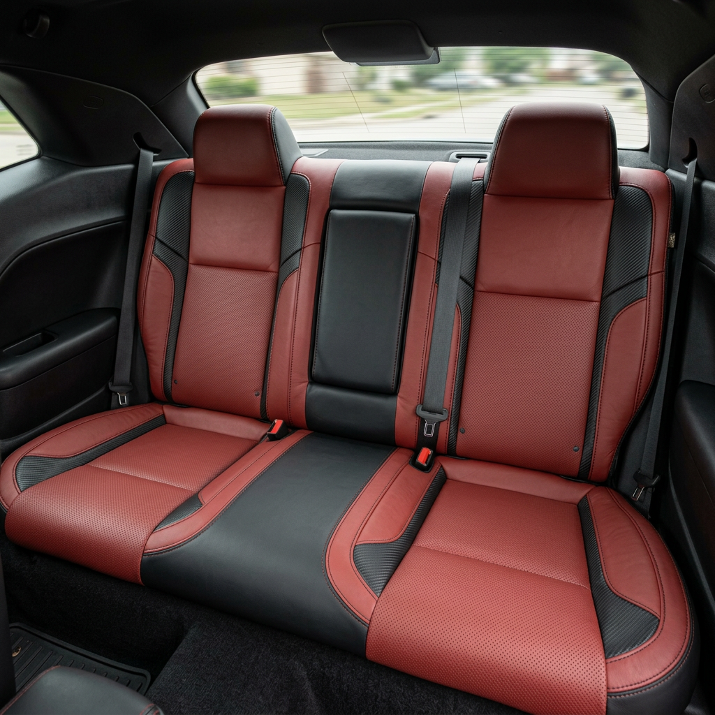 Rear in-cabin view of a 2015–2023 Dodge Challenger (RT/GT/Scat Pack/392/SRT/SXT) with Leatherteck rear seat covers installed in black with a Medium Red face, featuring perforated combination center inserts, Carbon Shadow textured accent panels on the outer sections, and black stitching, with two rear headrests, seatbelts/buckles, and the center seatback panel visible beneath the rear window.