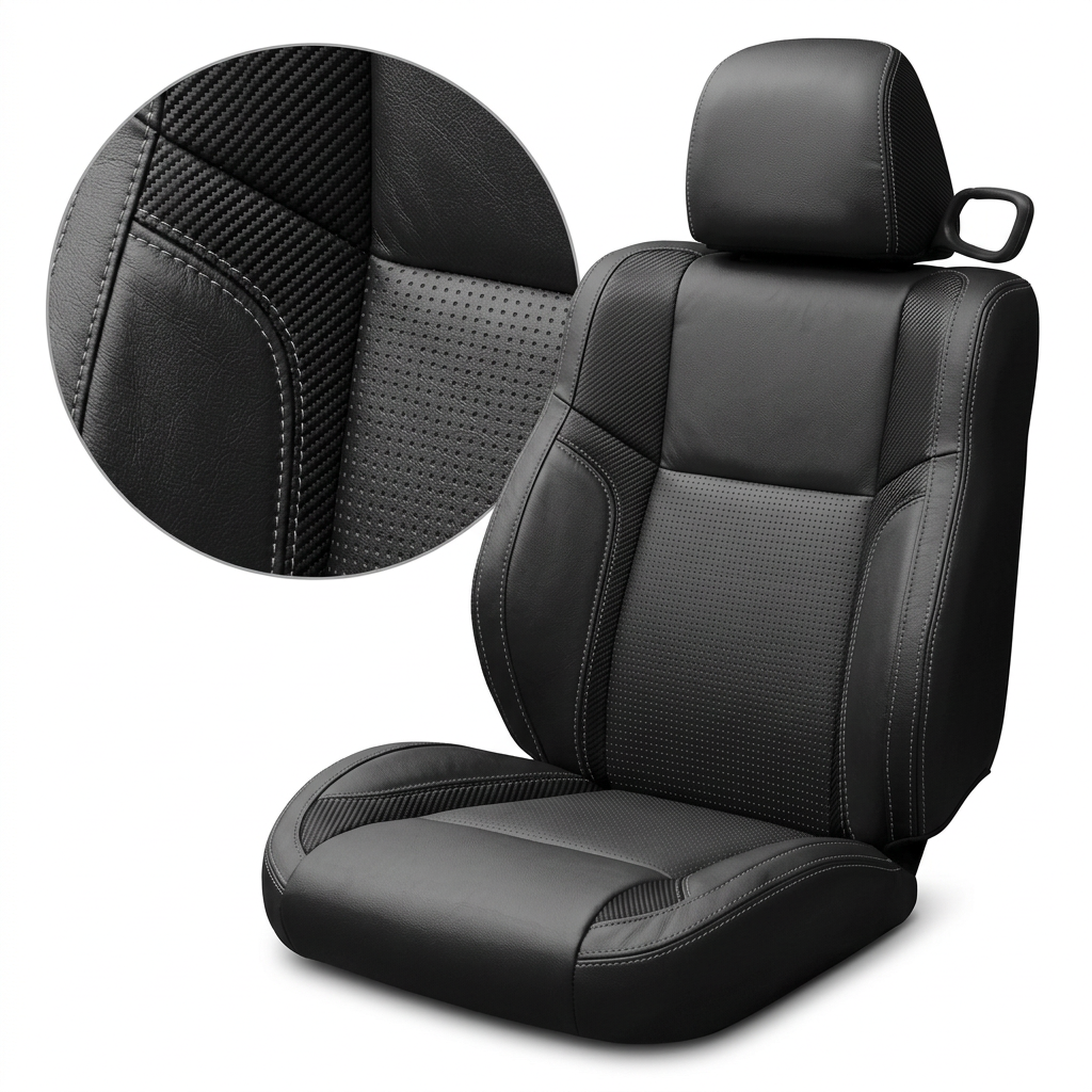 Close-up product image of a 2015–2023 Dodge Challenger (RT/GT/Scat Pack/392/SRT/SXT) Leatherteck leather seat cover on a white background, featuring black outer bolsters, square-perforated black/grey center inserts, Carbon Shadow Vinyl accent panels, and Ice Grey contrast stitching; a circular zoom inset highlights the carbon-texture accent, perforation pattern, and stitched seam detail.
