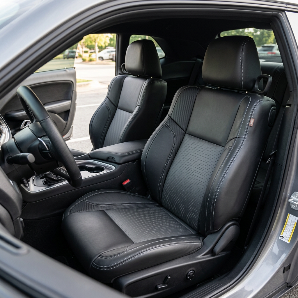 Front in-cabin view of a 2015–2023 Dodge Challenger (RT/GT/Scat Pack/392/SRT/SXT) with Leatherteck seat covers installed in black, featuring square-perforated black/grey center inserts, Carbon Shadow Vinyl accent panels on the bolsters, and Ice Grey contrast stitching, shown from the open driver-side door with both front bucket seats and the center console with cupholders/shifter visible.
