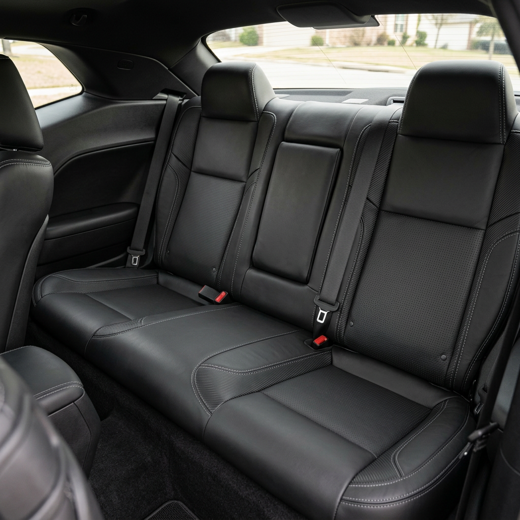 Rear in-cabin view of a 2015–2023 Dodge Challenger (RT/GT/Scat Pack/392/SRT/SXT) showing Leatherteck rear seat upholstery in black with square-perforated black/grey inserts, Carbon Shadow Vinyl accent panels on the outer sections, and Ice Grey contrast stitching, with three headrests, seatbelts/buckles, and the rear window and side panels visible.