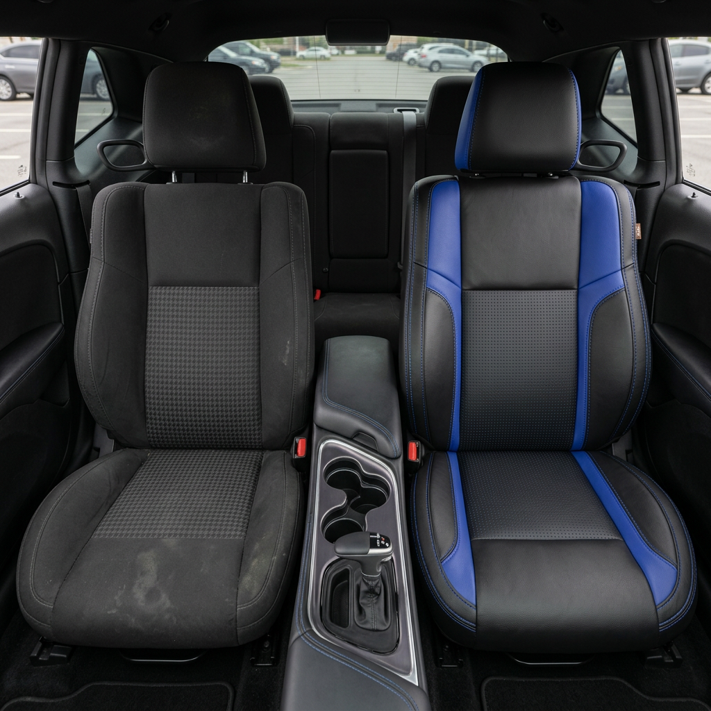 Before-and-after front in-cabin view of a 2015–2023 Dodge Challenger (RT/GT/Scat Pack/392/SRT/SXT) split down the middle: left shows the original black cloth front seat, while right shows the upgraded Leatherteck seat cover in black with square-perforated blue inserts, cobalt blue accent panels, and cobalt blue contrast stitching, with the center console and cupholders between the seats and the rear seat visible in the background.