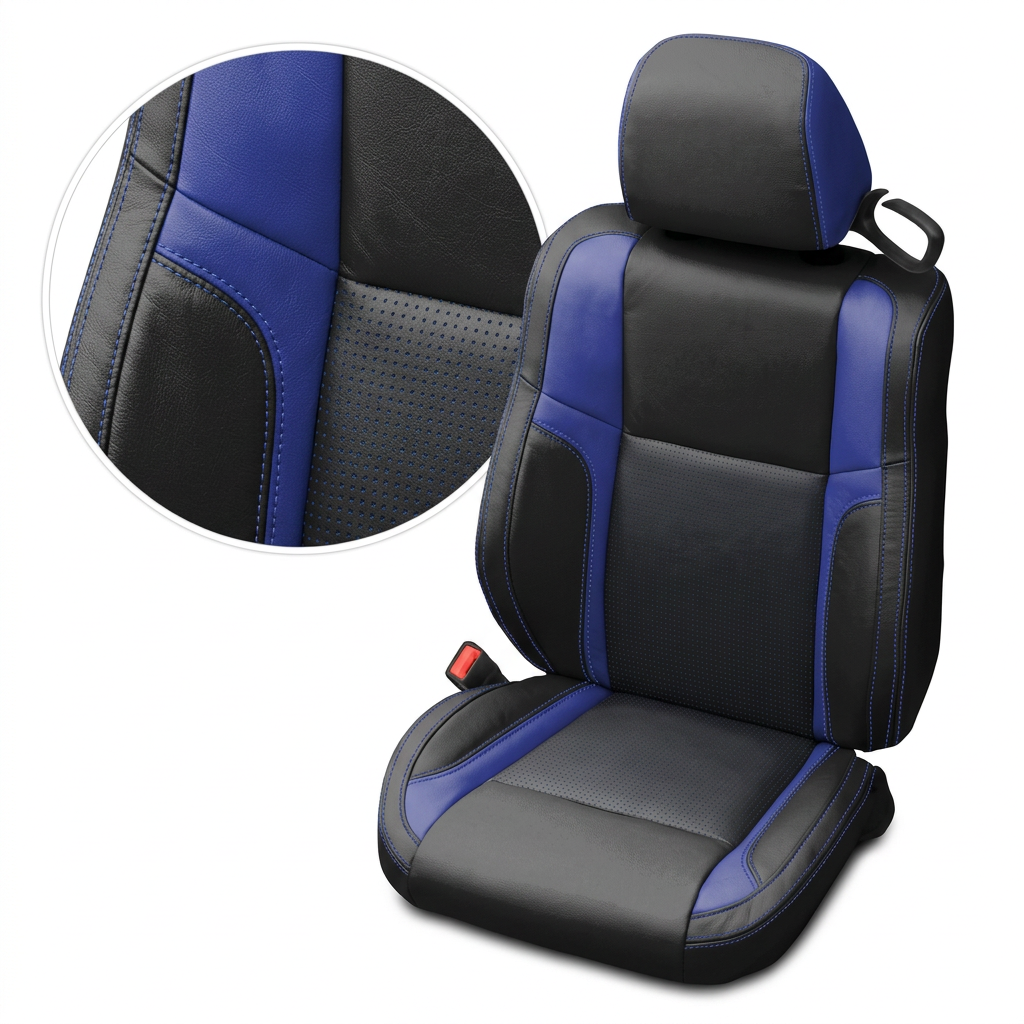 Close-up product image of a 2015–2023 Dodge Challenger (RT/GT/Scat Pack/392/SRT/SXT) Leatherteck seat cover on a white background, featuring black outer bolsters, square-perforated blue center inserts, cobalt blue accent panels, and cobalt blue contrast stitching; a circular zoom inset highlights the perforation pattern, panel transition, and stitched seam detail.