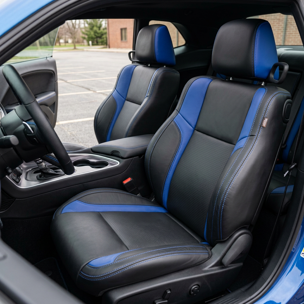 Front in-cabin view of a 2015–2023 Dodge Challenger (RT/GT/Scat Pack/392/SRT/SXT) with Leatherteck seat covers installed in black, featuring square-perforated blue center inserts, cobalt blue accent panels, and cobalt blue contrast stitching, photographed from the open driver-side door with both front bucket seats and the center console/cupholders and steering wheel visible.