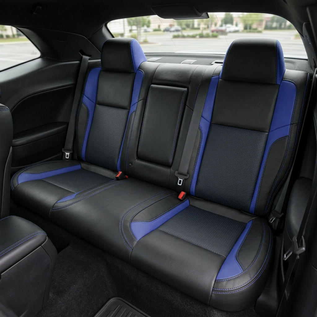 Rear in-cabin view of a 2015–2023 Dodge Challenger (RT/GT/Scat Pack/392/SRT/SXT) showing the Leatherteck rear bench seat in black with square-perforated blue inserts, cobalt blue accent panels, and cobalt blue contrast stitching, featuring two headrests, a center fold-down armrest, seatbelts/buckles, and the rear window and side panels visible.