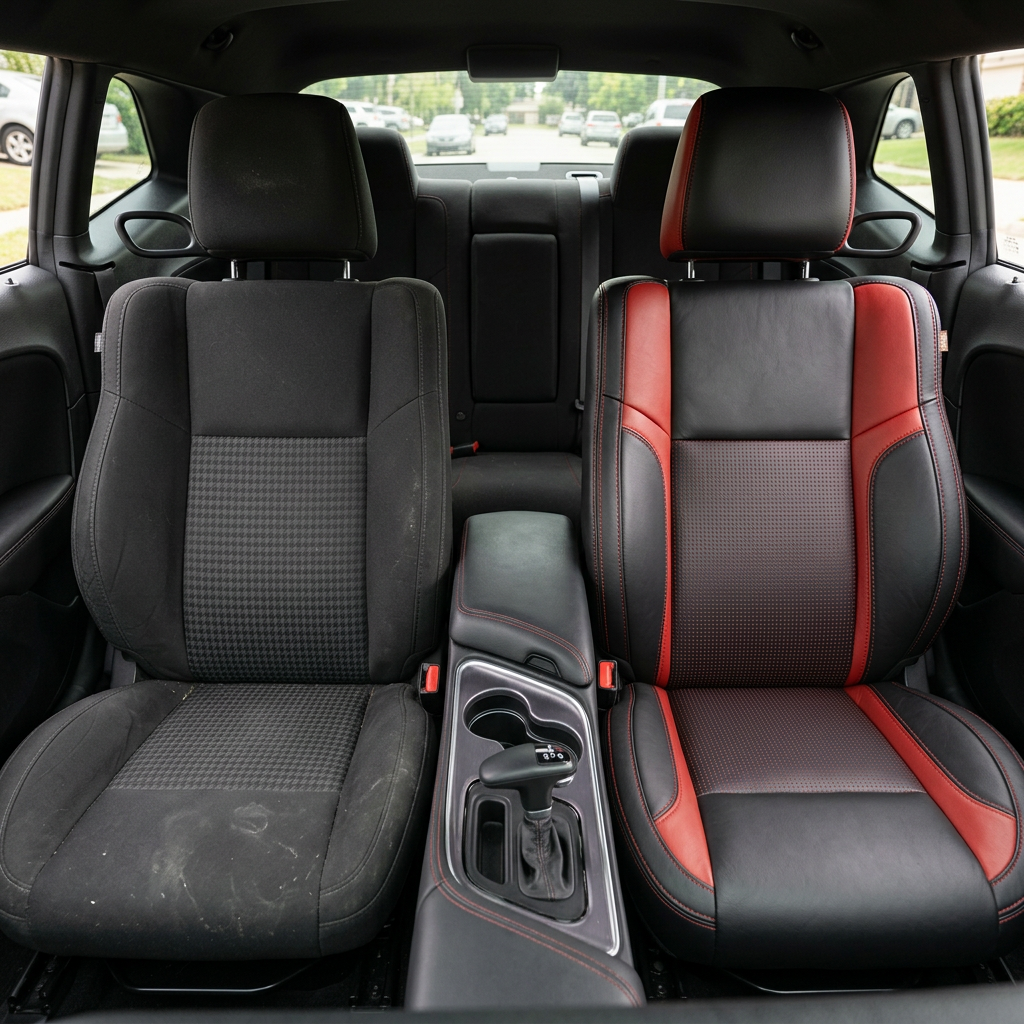 Before-and-after front in-cabin view of a 2015–2023 Dodge Challenger (RT/GT/Scat Pack/392/SRT/SXT) split down the middle: left shows the original black cloth factory front seat with a patterned center insert, while right shows the upgraded Leatherteck seat cover in black with square-perforated red inserts, Cardinal Red accent panels, and Cardinal Red contrast stitching, with the center console/cupholders and shifter between the seats and the rear seat visible in the background.