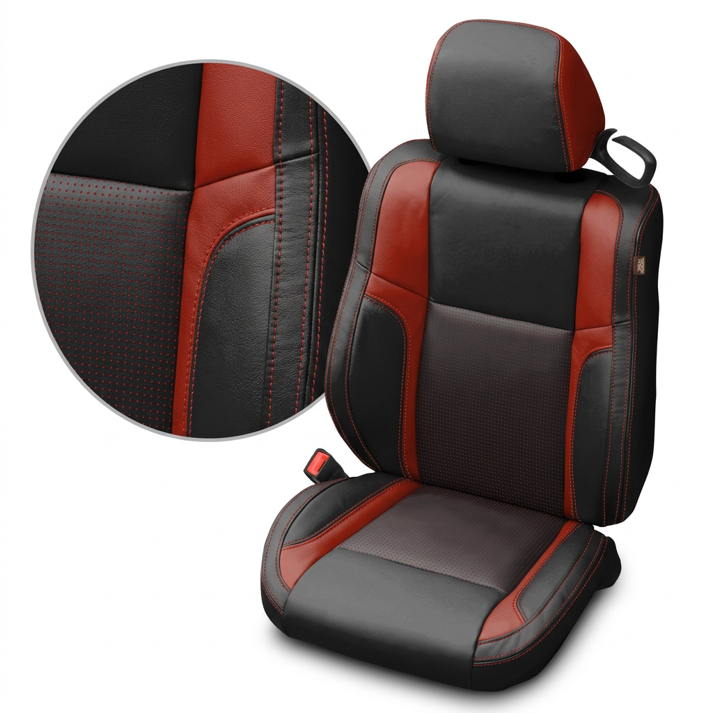 Close-up product image of a 2015–2023 Dodge Challenger (RT/GT/Scat Pack/392/SRT/SXT) Leatherteck leather seat cover on a white background, featuring black outer bolsters, Cardinal Red accent panels, square-perforated red center inserts, and Cardinal Red contrast stitching; a circular zoom inset highlights the square perforation pattern, leather grain, and double-stitched red seam detail.