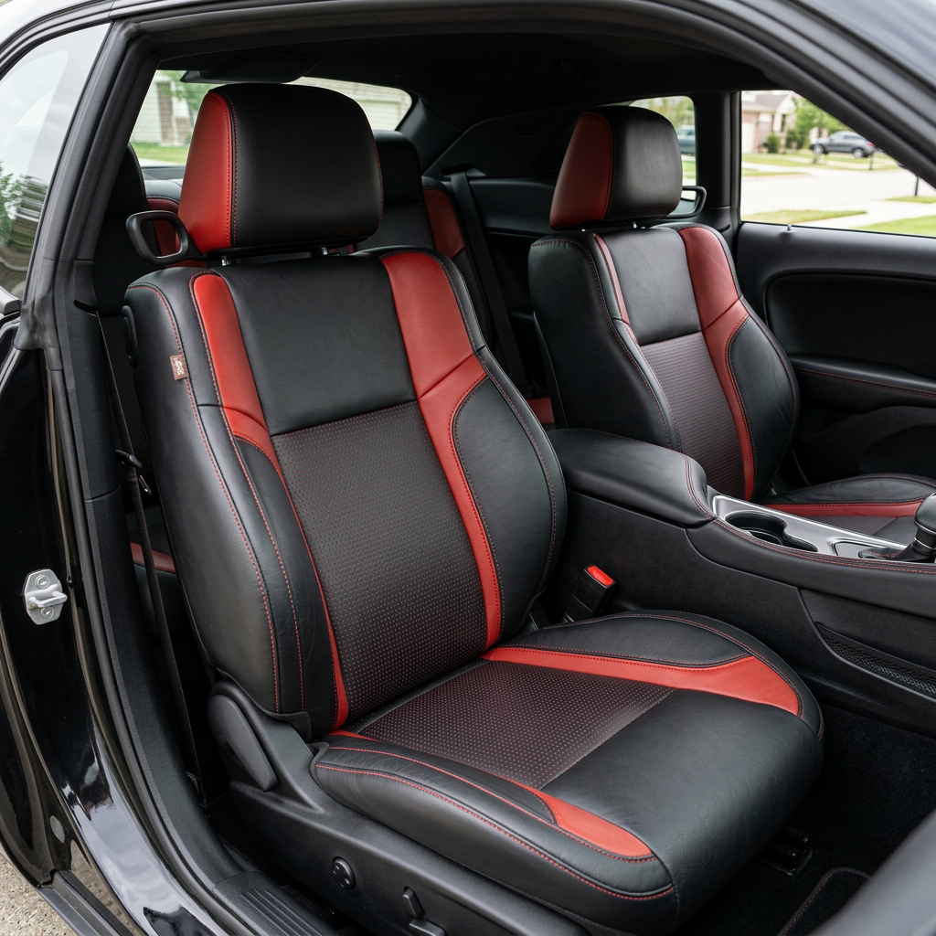 Front in-cabin view of a 2015–2023 Dodge Challenger (RT/GT/Scat Pack/392/SRT/SXT) with Leatherteck seat covers installed in black with square-perforated red center inserts, Cardinal Red accent panels, and Cardinal Red contrast stitching, photographed from the open driver-side door with both front bucket seats and the center console/cupholders visible.