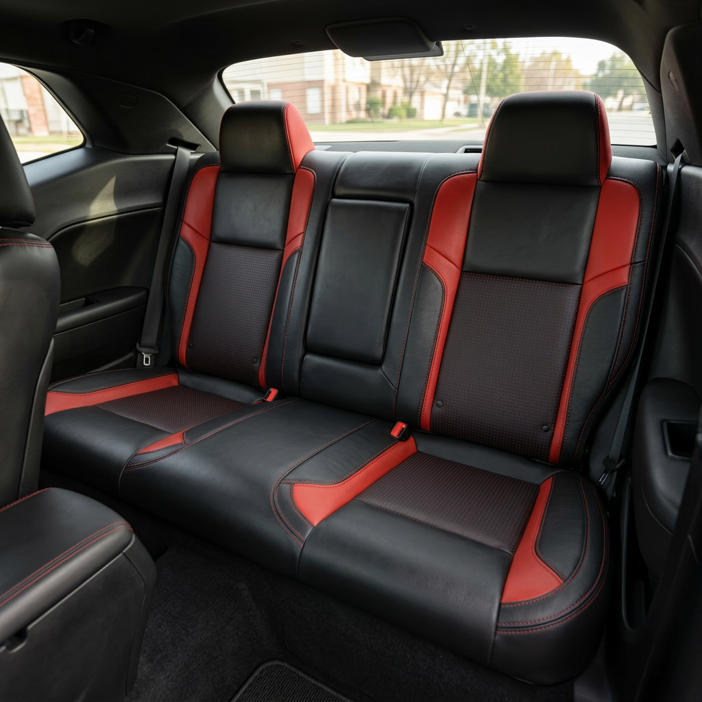 Rear in-cabin view of a 2015–2023 Dodge Challenger (RT/GT/Scat Pack/392/SRT/SXT) showing Leatherteck rear seat cover upholstery in black with square-perforated red center inserts, Cardinal Red accent panels, and Cardinal Red contrast stitching, featuring the rear bench seat, center fold-down section, seatbelts/buckles, and rear side panels and back window in the background.