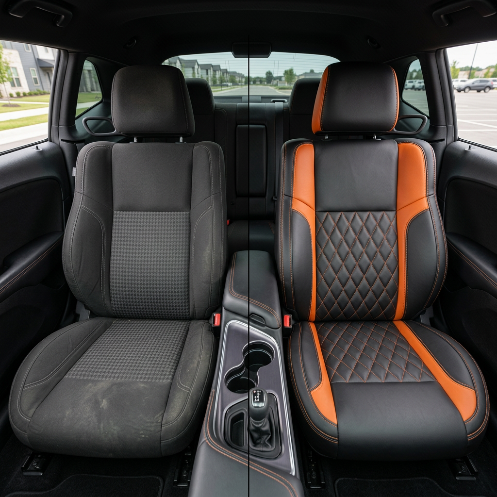 Before-and-after front in-cabin view of a 2015–2023 Dodge Challenger (RT/GT/Scat Pack/392/SRT/SXT) split down the middle: left shows the factory black cloth front seat, while right shows the upgraded Leatherteck seat cover in black with Tangerine Orange diamond-pattern inserts, Tangerine Orange accent panels, and matching contrast stitching, with the center console, shifter, cupholders, and rear seat visible.