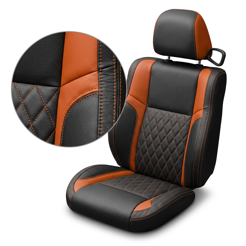 Close-up product image of a 2015–2023 Dodge Challenger (RT/GT/Scat Pack/392/SRT/SXT) Leatherteck seat cover on a white background, featuring black upholstery with Tangerine Orange diamond-pattern inserts, Tangerine Orange accent panels, and matching contrast stitching; a circular zoom inset highlights the diamond stitching, leather-grain texture, orange accent panel, and stitched seam detail.