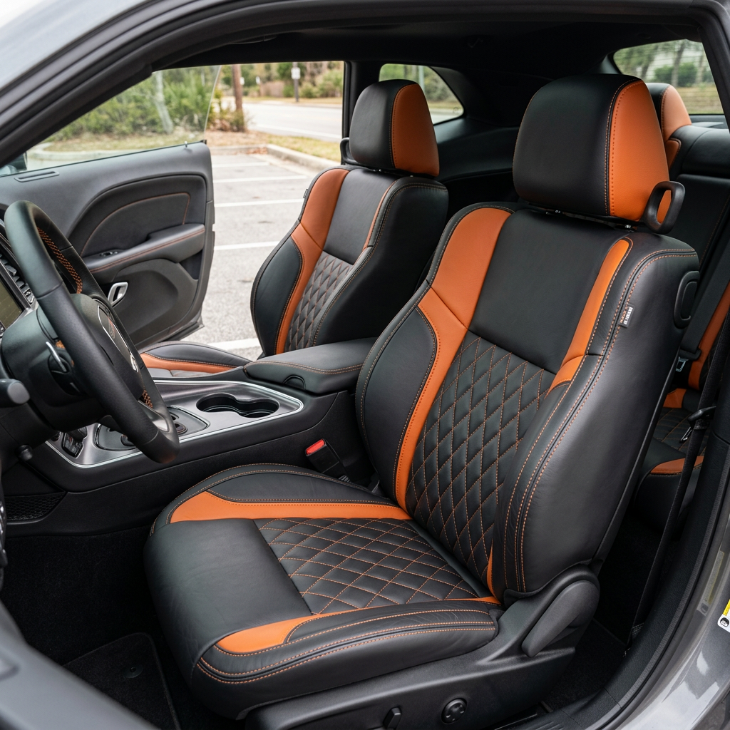 Front in-cabin view of a 2015–2023 Dodge Challenger (RT/GT/Scat Pack/392/SRT/SXT) with Leatherteck seat covers installed in black, featuring Tangerine Orange diamond-pattern inserts, Tangerine Orange accent panels, and matching contrast stitching, shown from the open driver-side door with the front bucket seats, headrests, center console, cupholders, steering wheel, and rear seat visible.