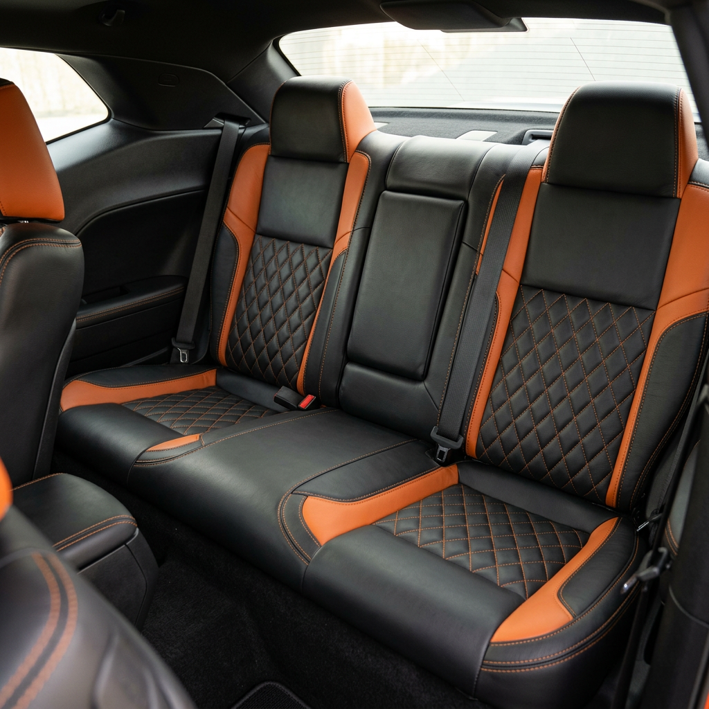 Rear in-cabin view of a 2015–2023 Dodge Challenger (RT/GT/Scat Pack/392/SRT/SXT) with Leatherteck rear seat covers installed in black, featuring Tangerine Orange diamond-pattern inserts, Tangerine Orange accent panels, and matching contrast stitching, with the rear headrests, seatbelts, rear window, side panel, and front seatbacks visible.