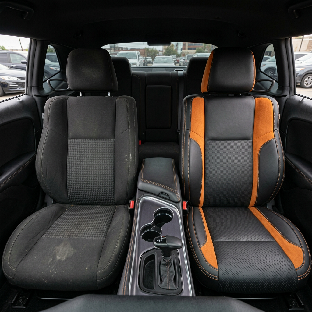 Before-and-after front in-cabin view of a 2015–2023 Dodge Challenger (RT/GT/Scat Pack/392/SRT/SXT) split down the middle: left shows the factory black cloth front seat, while right shows the upgraded Leatherteck seat cover in black with perforated combination inserts, Mango Orange automotive suede accent panels, and Citrus Orange contrast stitching, with the center console, shifter, and cupholders visible between the seats.