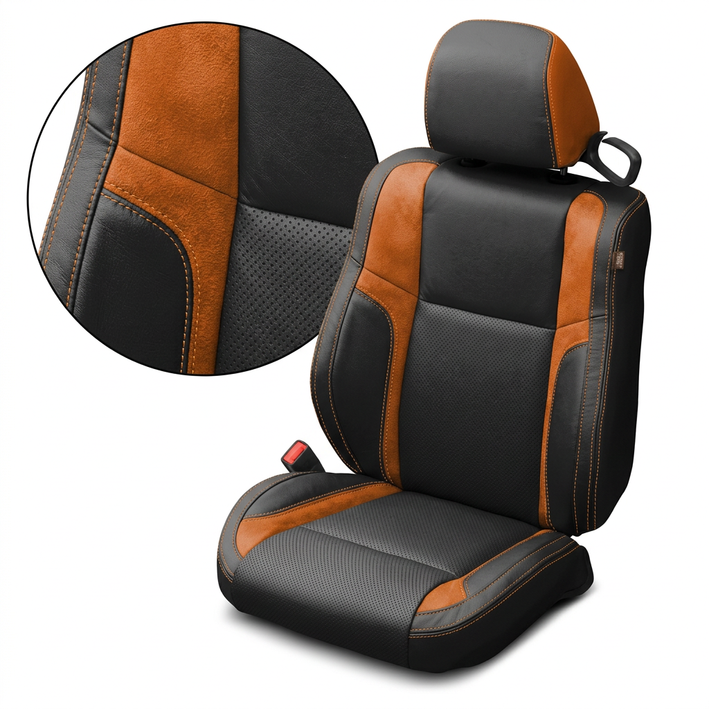 Close-up product image of a 2015–2023 Dodge Challenger (RT/GT/Scat Pack/392/SRT/SXT) Leatherteck seat cover on a white background, featuring black upholstery with perforated combination center inserts, Mango Orange automotive suede accent panels, and Citrus Orange contrast stitching; a circular zoom inset highlights the suede texture, perforation pattern, and stitched seam detail.