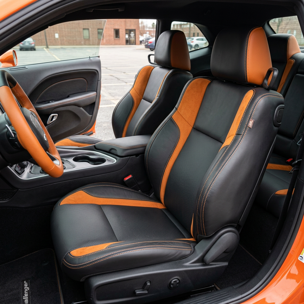 Front in-cabin view of a 2015–2023 Dodge Challenger (RT/GT/Scat Pack/392/SRT/SXT) with Leatherteck seat covers installed in black, featuring perforated combination center inserts, Mango Orange automotive suede accent panels, and Citrus Orange contrast stitching, photographed from the open driver-side door with both front bucket seats, the center console/cupholders, and part of the rear seat visible.