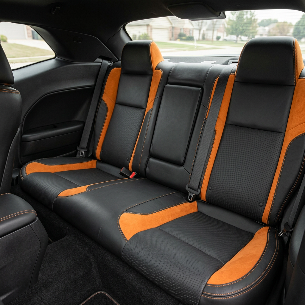 Rear in-cabin view of a 2015–2023 Dodge Challenger (RT/GT/Scat Pack/392/SRT/SXT) showing Leatherteck rear seat covers in black with perforated combination center inserts, Mango Orange automotive suede accent panels on the outer sections, and Citrus Orange contrast stitching, with two rear headrests, seatbelts/buckles, a center seatback panel, and the rear window/side trim visible.