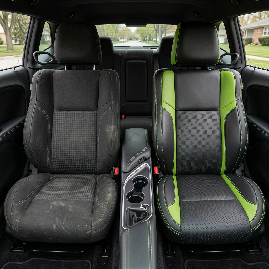 Before-and-after front in-cabin view of a 2015–2023 Dodge Challenger (RT/GT/Scat Pack/392/SRT/SXT) split down the middle: left shows the factory black cloth front seat, while right shows the upgraded Leatherteck seat cover in black with perforated combination center inserts, Screaming Green vinyl accent panels, and Screaming Green contrast stitching, with the center console, cupholders, and rear seat visible in the background.