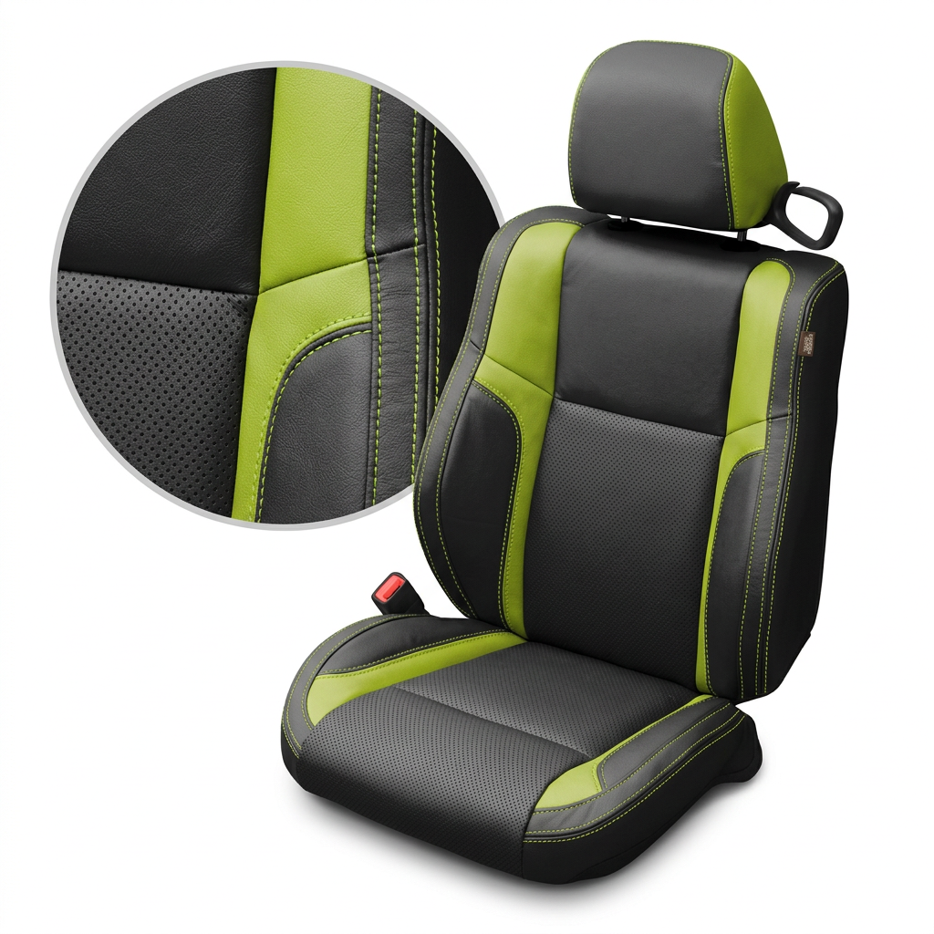 Close-up product image of a 2015–2023 Dodge Challenger (RT/GT/Scat Pack/392/SRT/SXT) Leatherteck seat cover on a white background, featuring black upholstery with perforated combination center inserts, Screaming Green vinyl accent panels, and Screaming Green contrast stitching; a circular zoom inset highlights the perforation pattern, leather-grain texture, green accent panel, and stitched seam detail.