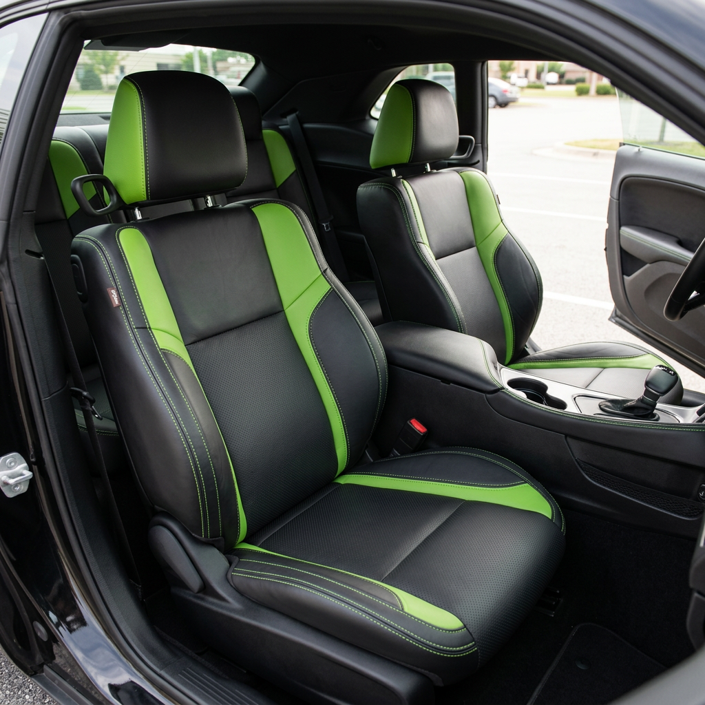 Front in-cabin view of a 2015–2023 Dodge Challenger (RT/GT/Scat Pack/392/SRT/SXT) with Leatherteck seat covers installed in black, featuring perforated combination center inserts, Screaming Green vinyl accent panels, and Screaming Green contrast stitching, shown from the open driver-side door with both front bucket seats, the center console, cupholders, shifter, and matching rear seat accents visible.
