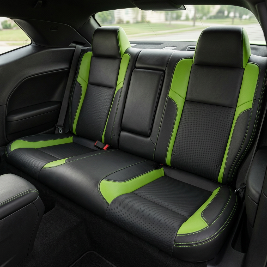 Rear in-cabin view of a 2015–2023 Dodge Challenger (RT/GT/Scat Pack/392/SRT/SXT) showing Leatherteck rear seat covers in black with perforated combination center inserts, Screaming Green vinyl accent panels, and Screaming Green contrast stitching, with two rear headrests, seatbelts/buckles, the center seatback panel, and the rear window visible.