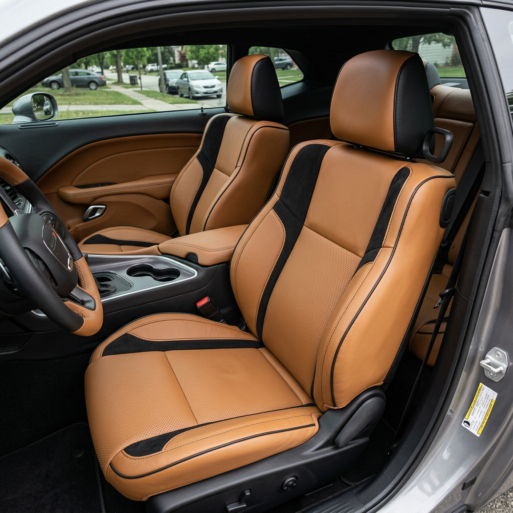 Front in-cabin view of a 2015–2023 Dodge Challenger (RT/GT/Scat Pack/392/SRT/SXT) with Leatherteck seat covers installed in camel brown, featuring perforated combination center inserts, black automotive suede accent panels on the bolsters, and black stitching with black piping, shown from the open driver-side door with both front bucket seats and the center console/cupholders visible.