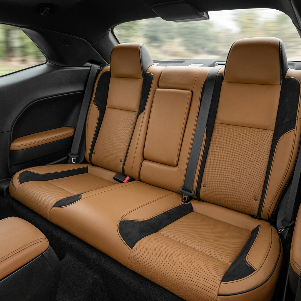 Rear in-cabin view of a 2015–2023 Dodge Challenger (RT/GT/Scat Pack/392/SRT/SXT) showing the Leatherteck rear seat upholstered in camel brown with perforated combination center inserts, black automotive suede accent panels on the outer sections, and black stitching with black piping, with two rear headrests, seatbelts/buckles, and the rear window and side trim visible.