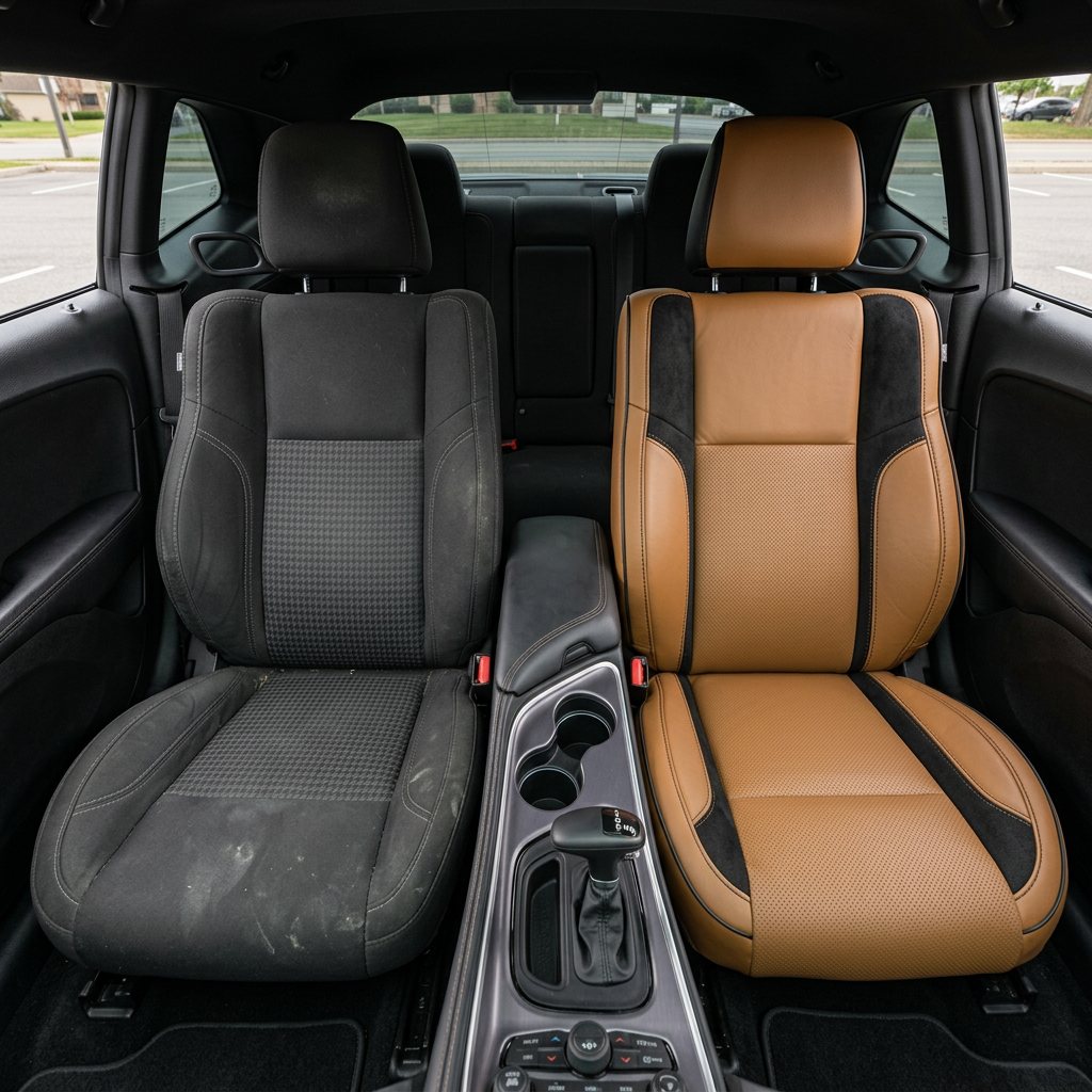 Before-and-after front in-cabin view of a 2015–2023 Dodge Challenger (RT/GT/Scat Pack/392/SRT/SXT) split down the middle: left shows the factory black cloth front seat, while right shows the upgraded Leatherteck seat cover in camel brown with perforated combination center inserts, black automotive suede accent panels on the bolsters, and stitched seams with piping, with the center console, shifter, and cupholders visible between the seats.