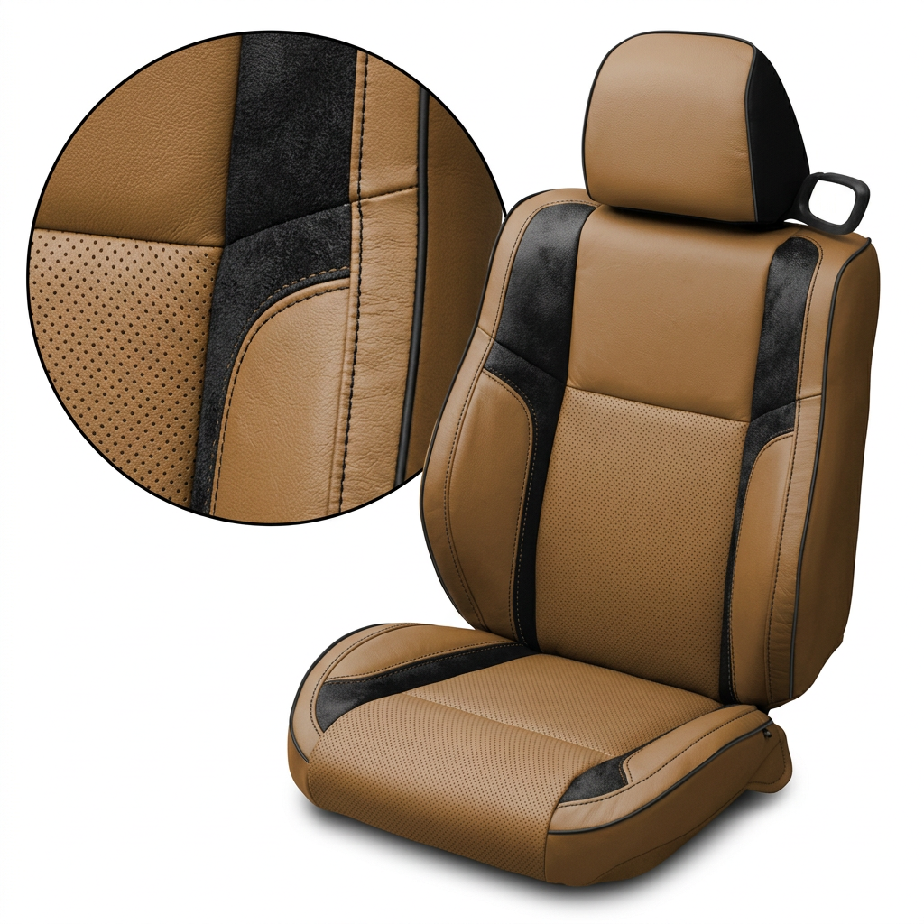 Close-up product image of a 2015–2023 Dodge Challenger (RT/GT/Scat Pack/392/SRT/SXT) Leatherteck seat cover on a white background, featuring camel brown upholstery with perforated combination center inserts, black automotive suede accent panels, and black stitching with black piping; a circular zoom inset highlights the perforation pattern, suede texture, and stitched seam/piping detail.