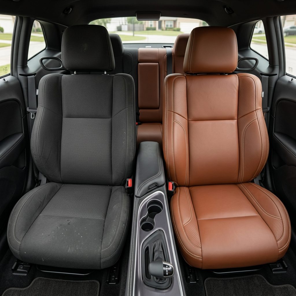 Before-and-after front in-cabin view of a 2015–2023 Dodge Challenger (RT/GT/Scat Pack/392/SRT/SXT) split down the middle: left shows the factory black cloth front seat, while right shows the upgraded Leatherteck seat cover in Camel with perforated accent panels and Cream contrast stitching, with the center console/cupholders and shifter between the seats and the rear seat visible behind.