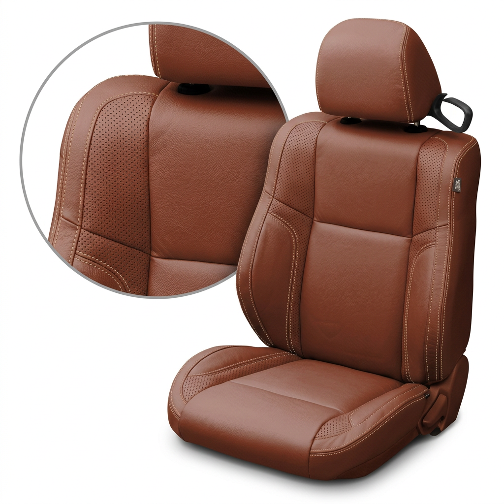 Close-up product image of a 2015–2023 Dodge Challenger (RT/GT/Scat Pack/392/SRT/SXT) Leatherteck seat cover in Camel on a white background, featuring perforated accent panels on the bolsters and Cream contrast stitching; a circular zoom inset highlights the perforation pattern, leather grain texture, and stitched seam detail.