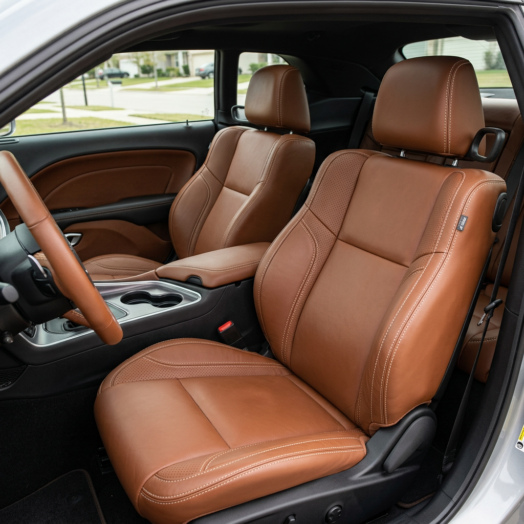 Front in-cabin view of a 2015–2023 Dodge Challenger (RT/GT/Scat Pack/392/SRT/SXT) with Leatherteck seat covers installed in Camel, featuring perforated accent panels and Cream contrast stitching, photographed from the open driver-side door with both front bucket seats, the center console with cupholders, and rear seat area visible.