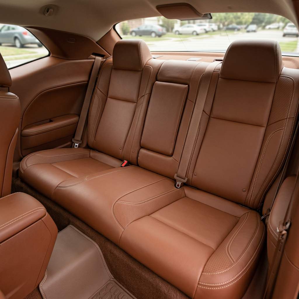 Rear in-cabin view of a 2015–2023 Dodge Challenger (RT/GT/Scat Pack/392/SRT/SXT) showing Leatherteck rear bench seat covers in Camel with perforated accent panels and Cream contrast stitching, featuring two outboard headrests, a center fold-down armrest panel, and visible seatbelts/buckles with the rear window and side panels in the background.