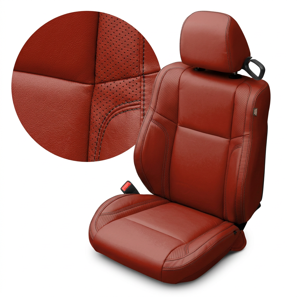 Close-up product image of a 2015–2023 Dodge Challenger (RT/GT/Scat Pack/392/SRT/SXT) Leatherteck seat cover on a white background, featuring Cardinal Red upholstery with perforated accent panels and black contrast stitching throughout; a circular zoom inset highlights the perforation pattern, leather grain texture, and stitched seam detail along the bolster.