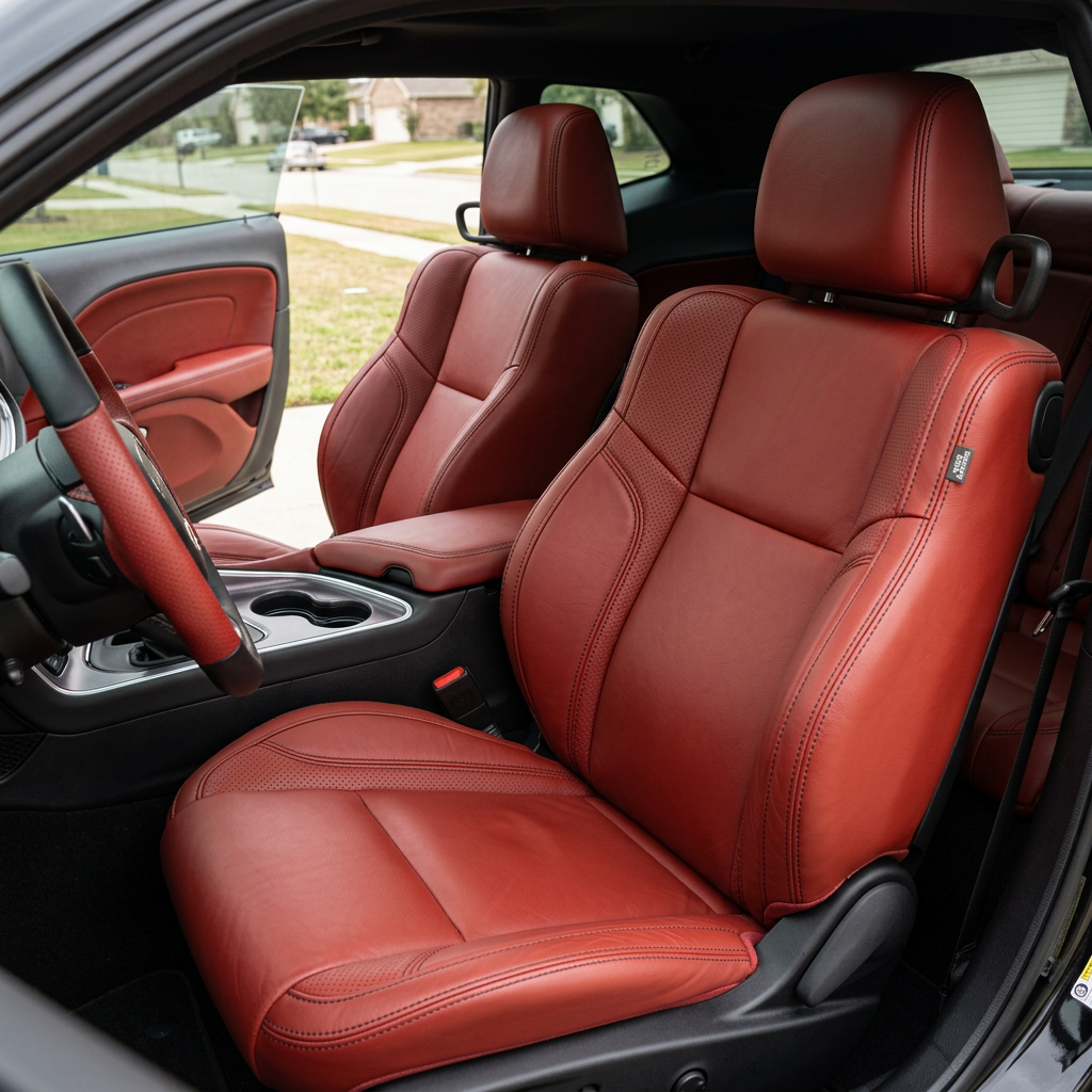 Front in-cabin view of a 2015–2023 Dodge Challenger (RT/GT/Scat Pack/392/SRT/SXT) with Leatherteck seat covers installed in Cardinal Red, featuring perforated accent panels and black contrast stitching throughout, photographed from the open driver-side door with both front bucket seats, the center console/cupholders, steering wheel, and door panel visible.