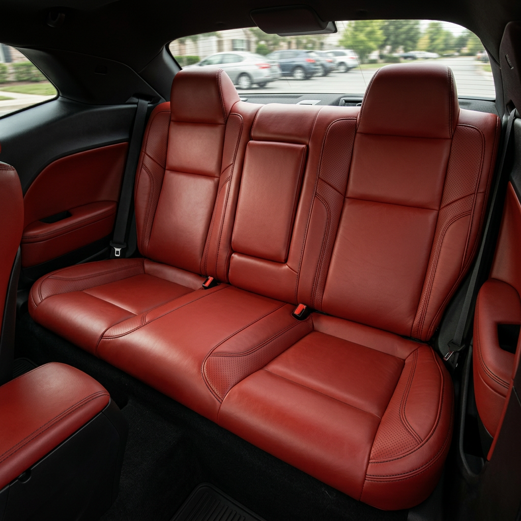 Rear in-cabin view of a 2015–2023 Dodge Challenger (RT/GT/Scat Pack/392/SRT/SXT) showing the Leatherteck rear bench seat upholstered in Cardinal Red, featuring perforated accent panels and black contrast stitching throughout, with the rear seatbacks and cushions, two outer headrests, seatbelts/buckles, rear side panels/door trim, and the rear window visible.