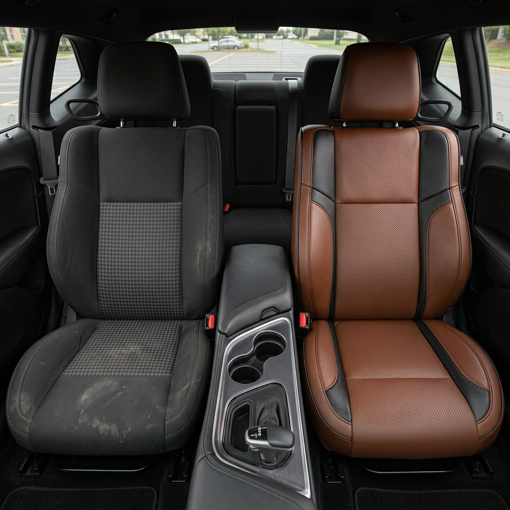 Before-and-after front in-cabin view of a 2015–2023 Dodge Challenger (RT/GT/Scat Pack/392/SRT/SXT) split down the middle: left shows the factory black cloth front seat, while right shows the upgraded Leatherteck seat cover in Mahogany Brown with perforated combination center inserts, Carbon Shadow accent panels, and black stitching with black piping, with the center console, shifter, and cupholders visible between the seats.