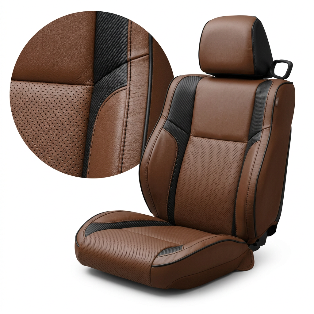Close-up product image of a 2015–2023 Dodge Challenger (RT/GT/Scat Pack/392/SRT/SXT) Leatherteck seat cover on a white background, featuring Mahogany Brown upholstery with perforated combination center inserts, Carbon Shadow accent panels, and black stitching with black piping; a circular zoom inset highlights the perforation pattern, carbon-texture panel, and stitched seam/piping detail.