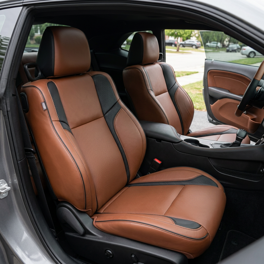Front in-cabin view of a 2015–2023 Dodge Challenger (RT/GT/Scat Pack/392/SRT/SXT) with Leatherteck seat covers installed in Mahogany Brown, featuring perforated combination center inserts, Carbon Shadow accent panels, and black stitching with black piping, shown on the front bucket seats with the center console, shifter, and door panel insert visible.