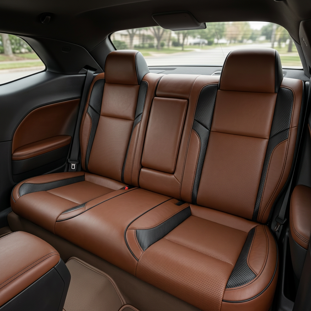 Rear in-cabin view of a 2015–2023 Dodge Challenger (RT/GT/Scat Pack/392/SRT/SXT) showing Leatherteck rear seat covers in Mahogany Brown with perforated combination center inserts, Carbon Shadow accent panels on the outer sections, and black stitching with black piping, with two rear headrests, seatbelts/buckles, and the rear window and side door panel visible.