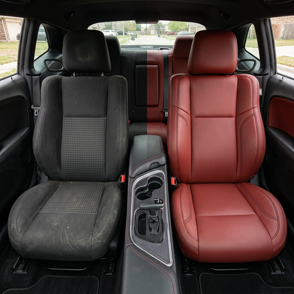 Before-and-after front in-cabin view of a 2015–2023 Dodge Challenger (RT/GT/Scat Pack/392/SRT/SXT) split down the middle: left shows the factory black cloth front seat, while right shows the upgraded Leatherteck seat cover in Medium Red with perforated combination center inserts and black contrast stitching, with the center console/cupholders and shifter between the seats and the rear seat visible behind.