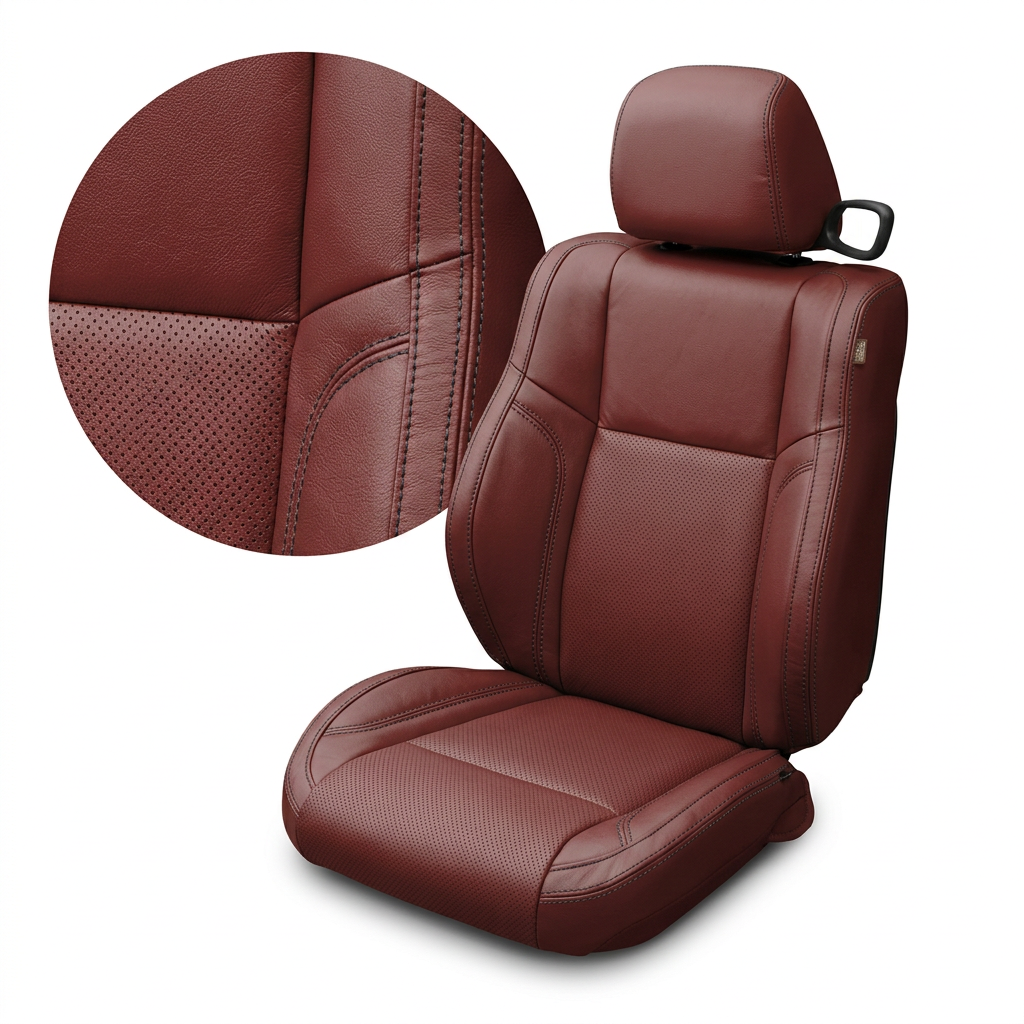Close-up product image of a 2015–2023 Dodge Challenger (RT/GT/Scat Pack/392/SRT/SXT) Leatherteck seat cover on a white background, featuring a Medium Red main seat color with perforated combination center inserts and black contrast stitching throughout; a circular zoom inset highlights the perforation pattern, leather-grain texture, and stitched seam detail along the side bolster.