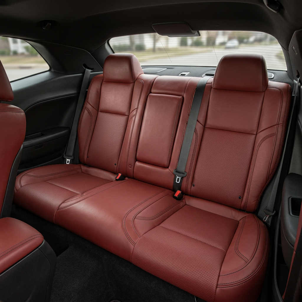 Rear in-cabin view of a 2015–2023 Dodge Challenger (RT/GT/Scat Pack/392/SRT/SXT) showing Leatherteck rear seat covers in Medium Red, featuring perforated combination center inserts and black contrast stitching across the rear bench, with two rear headrests, seatbelts/buckles, and the center seatback panel visible beneath the rear window.