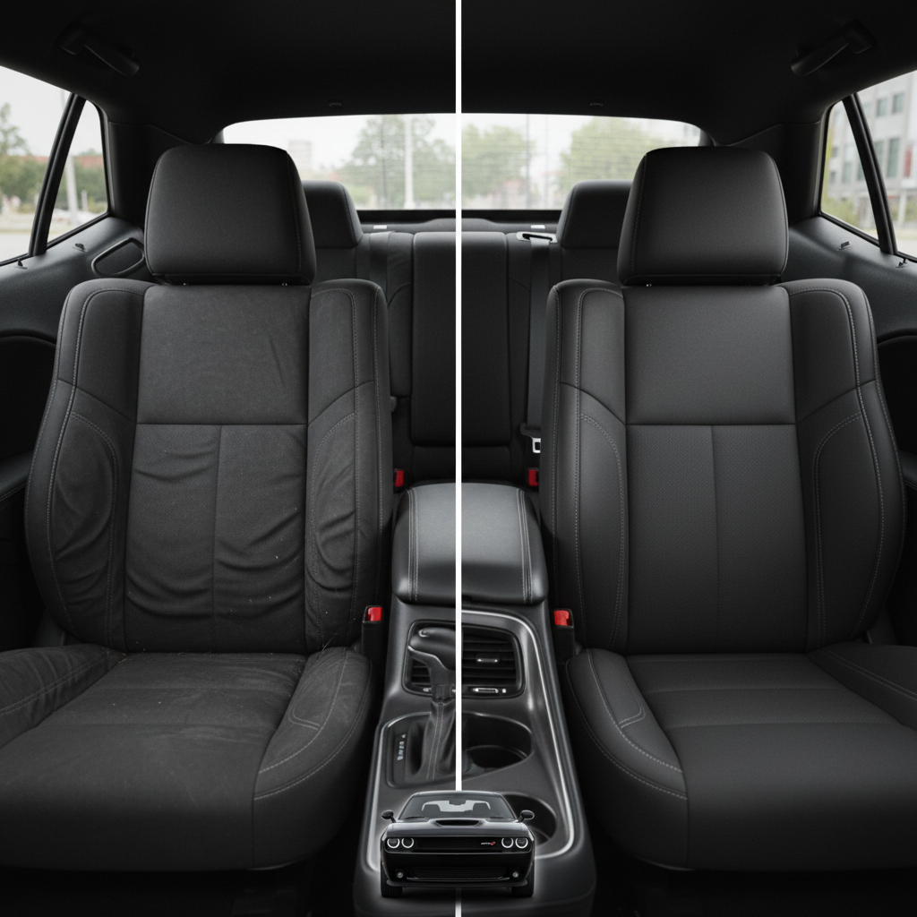 Before-and-after comparison of Dodge Charger front seats, showing cloth seat upgraded to perforated leather upholstery.
