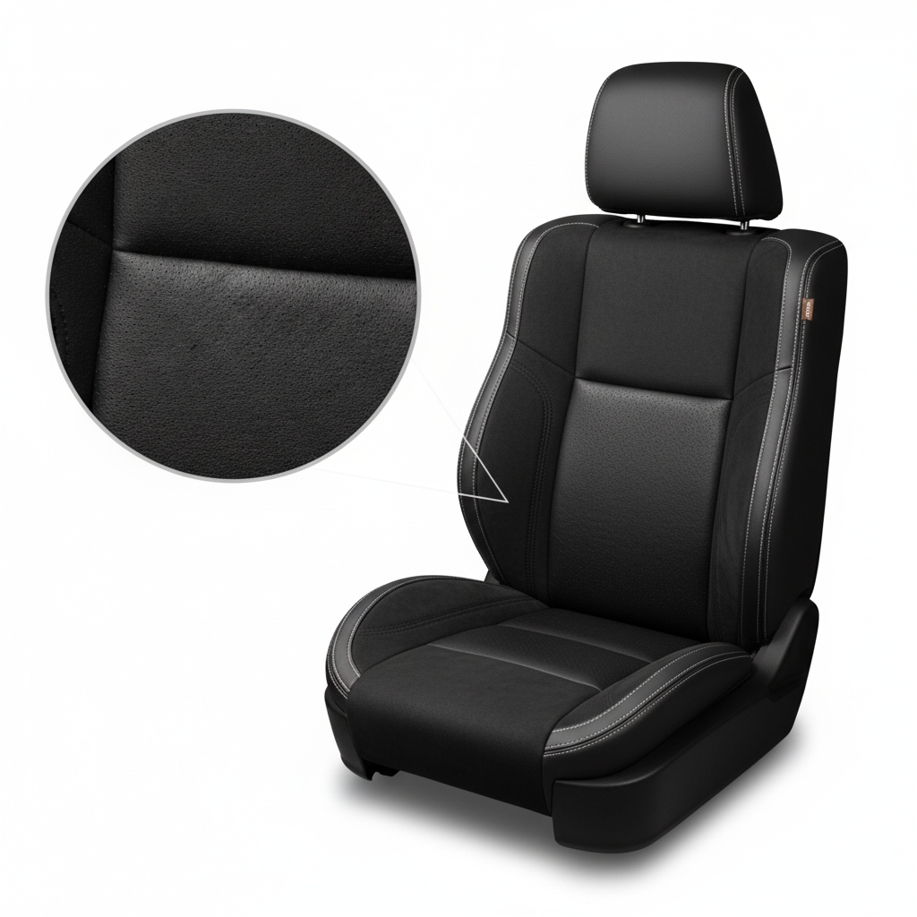 Black car with close up detailed Black Stitching on a white background