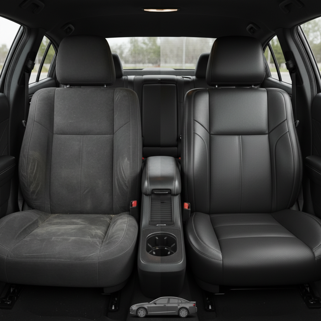 Before-and-after comparison of Dodge_Charger front seats, showing cloth seat upgraded to perforated leather upholstery.
