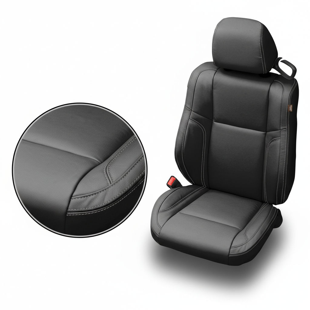 Black car seat cover with detailed view on a white background