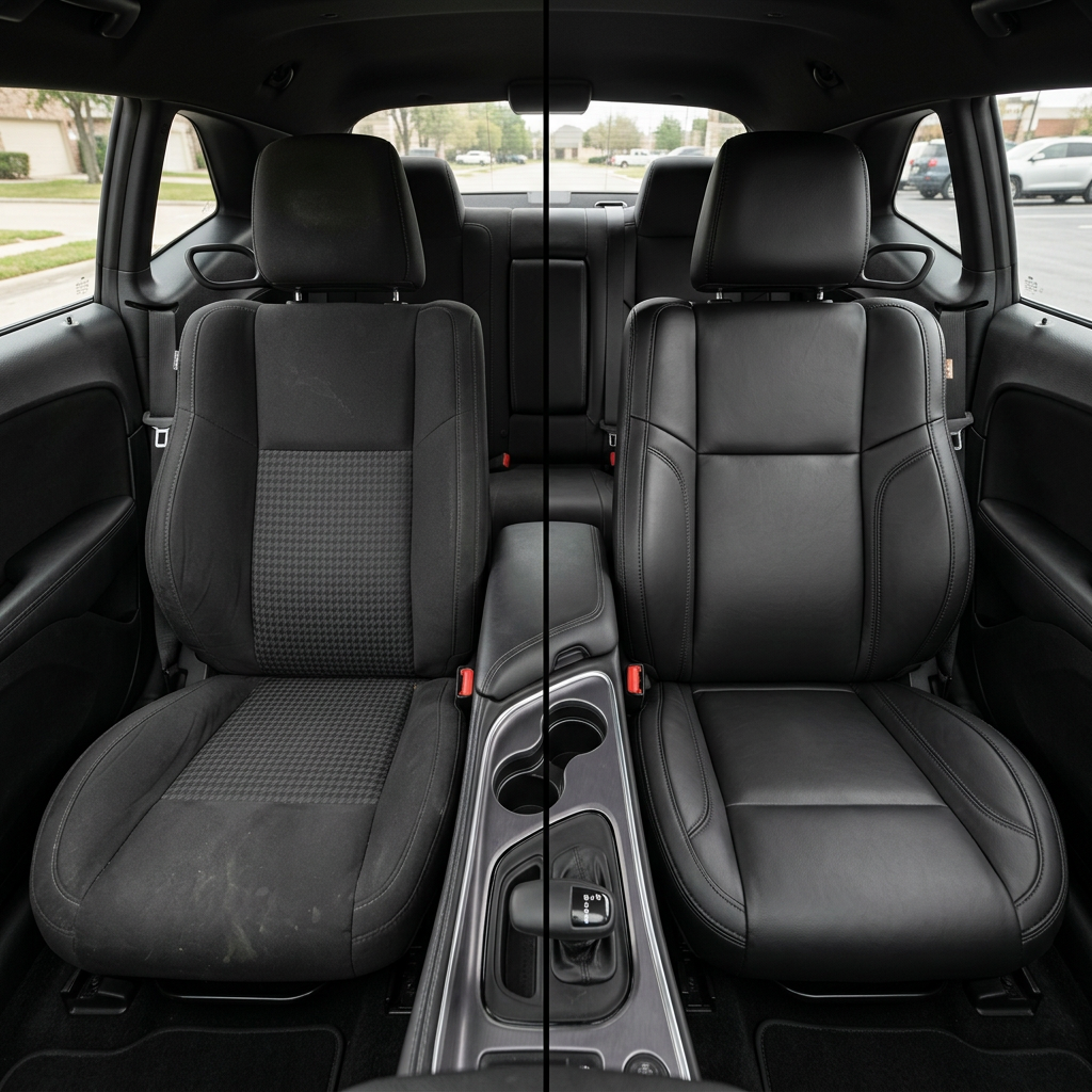 Before-and-after front in-cabin view of a 2015–2023 Dodge Challenger (RT/GT/Scat Pack/392/SRT/SXT) split down the middle: left shows the original black cloth factory seat with a patterned insert, while right shows the upgraded Leatherteck seat cover in all black with black stitching throughout, with the center console/cupholders and shifter between the seats and the rear seat visible in the background.
