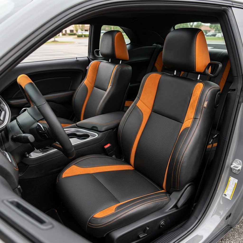 Front in-cabin view of a 2015–2023 Dodge Challenger (RT/GT/Scat Pack/392/SRT/SXT) with Leatherteck seat covers installed in black, featuring perforated combination center inserts, Mango Orange automotive suede accent panels, and Citrus Orange contrast stitching, photographed from the open driver-side door with both front bucket seats, the center console/cupholders, and part of the rear seat visible.