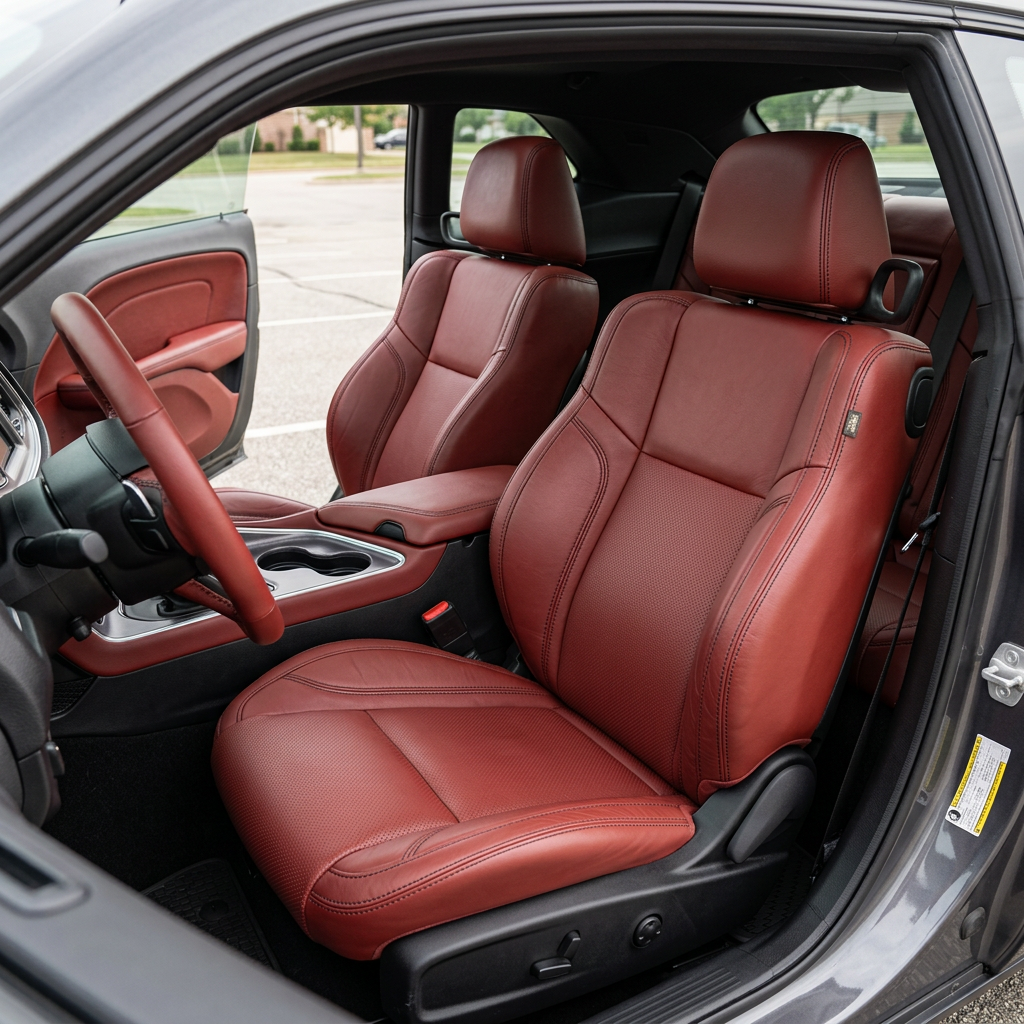 Front in-cabin view of a 2015–2023 Dodge Challenger (RT/GT/Scat Pack/392/SRT/SXT) with Leatherteck seat covers installed in Medium Red, featuring perforated combination center inserts and black contrast stitching, shown from the open driver-side door with both front bucket seats, the center console with cupholders, and the matching red door panel insert visible.