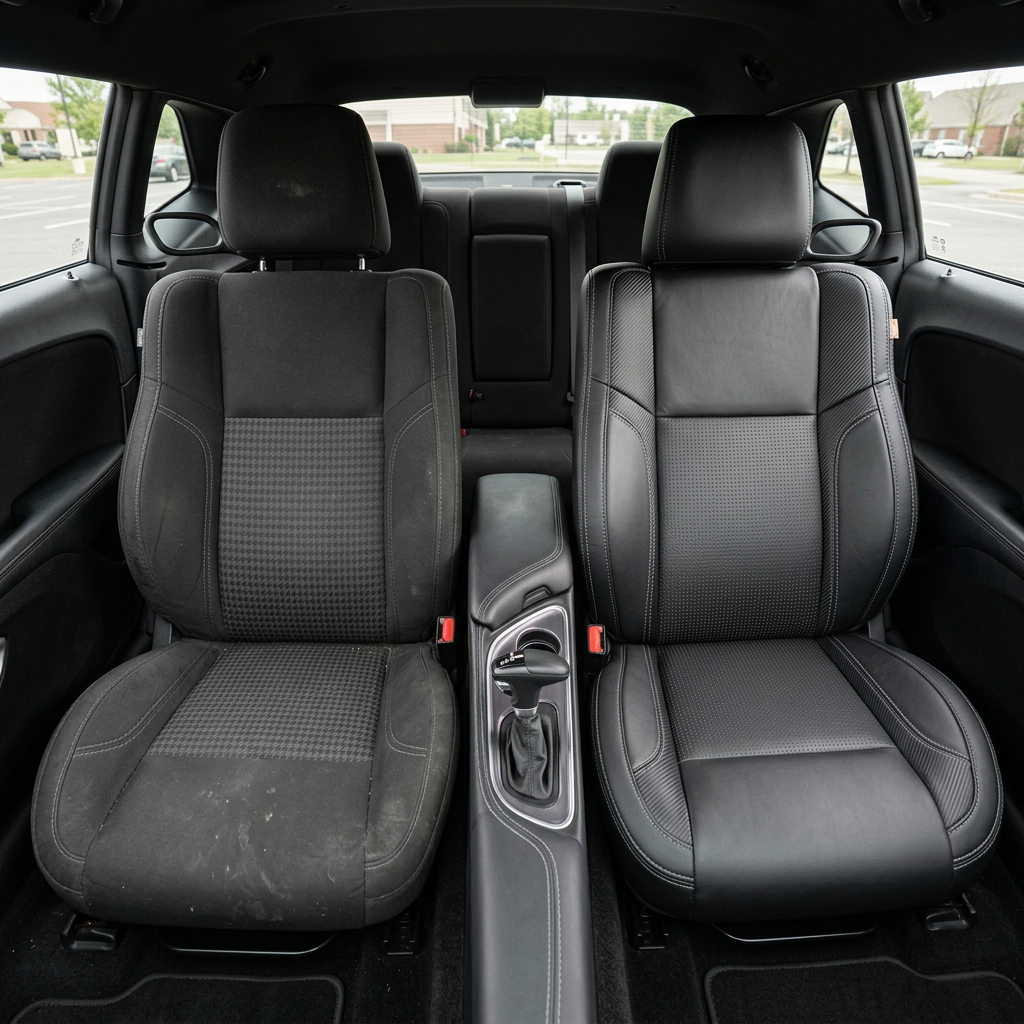 Before-and-after front in-cabin view of a 2015–2023 Dodge Challenger (RT/GT/Scat Pack/392/SRT/SXT) split down the middle: left shows the original black cloth front seat, while right shows the upgraded Leatherteck seat cover in black with square-perforated black/grey inserts, Carbon Shadow Vinyl accent side panels, and Ice Grey contrast stitching, with the center console and shifter between the seats and the rear seat visible in the background.